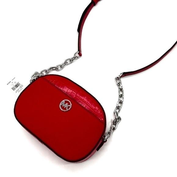 Michael Kors Large Jet Set Glam Leather Snakeskin Oval Crossbody Bag Red/Gold - Picture 2 of 10